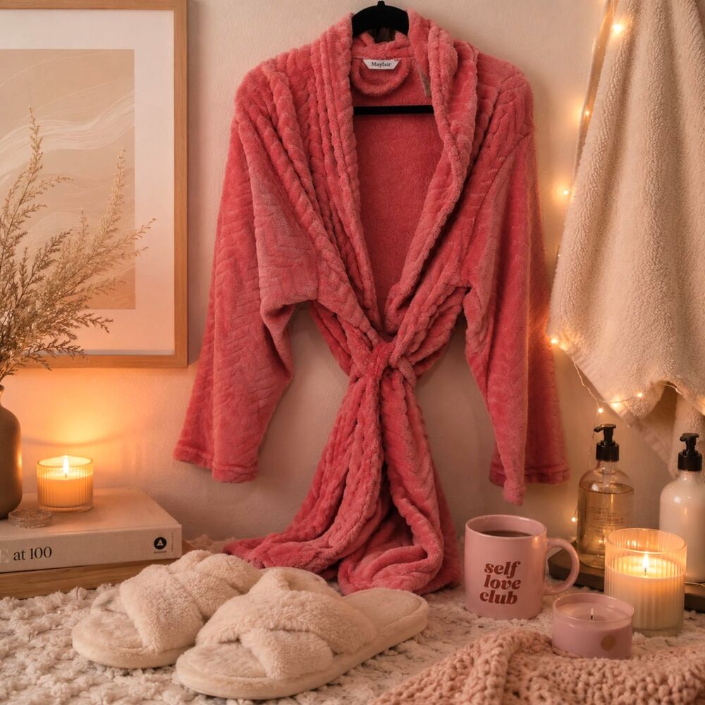 Mayfair Pink Plush Bathrobe Women’s S/M Cozy Lounge Spa Robe Softcore